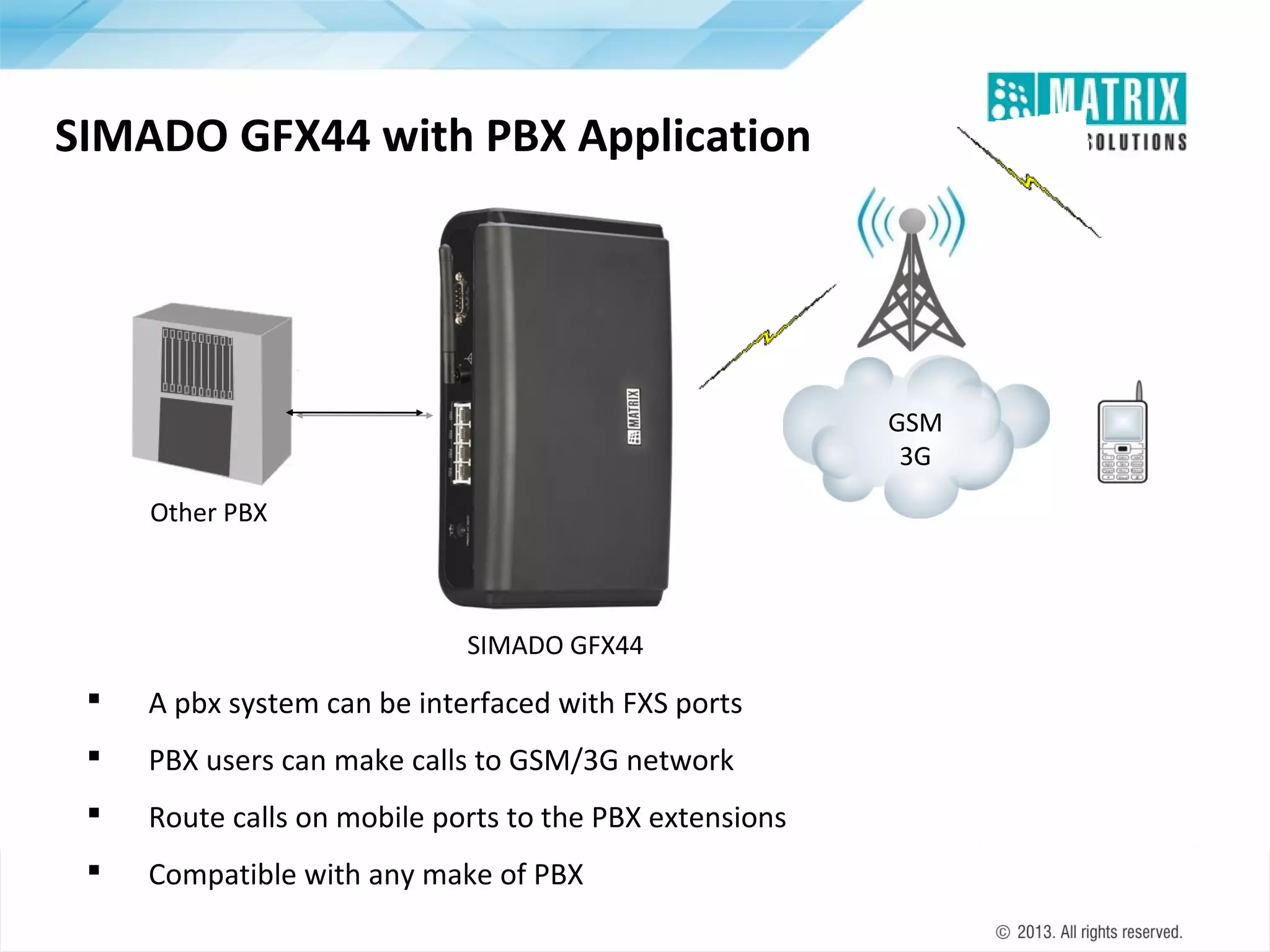 SIMADO GFX44 with PBX Application

GSM
3G
Other PBX
SIMADO GFX44
SIMADO GFX44



A pbx system can be interfaced with FXS ports



PBX users can make calls to GSM/3G network



Route calls on mobile ports to the PBX extensions



Compatible with any make of PBX

 