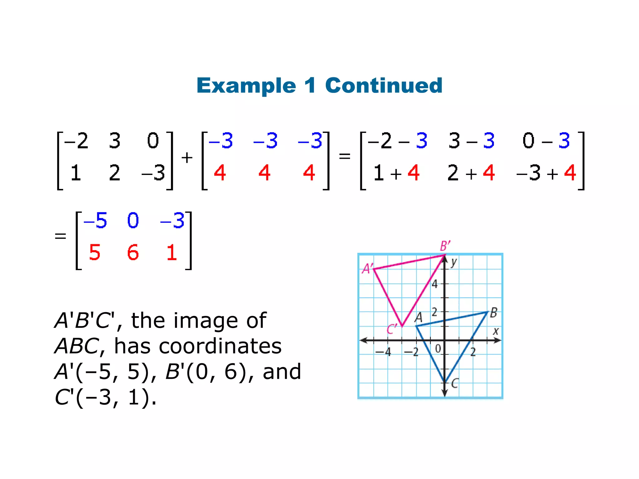 Example 1 Continued




A'B'C', the image of
ABC, has coordinates
A'(–5, 5), B'(0, 6), and
C'(–3, 1).
 