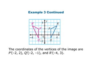 Example 3 Continued




The coordinates of the vertices of the image are
P'(–2, 2), Q'(–2, –1), and R'(–4, 3).
 