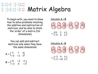 Matrix Algebra
To begin with, you need to know
how to solve problems involving
the addition and subtraction of
matrices, and be able to state
the ‘order’ of a matrix (its
dimensions)
You can add and subtract
matrices only when they have
the same dimensions
𝑨 =
5 7 4
−6 −2 3
𝑩 =
8 −2 0
−3 8 −1
Calculate A + B
5 7 4
−6 −2 3
+
8 −2 0
−3 8 −1
=
26−9
4513
Calculate A - B
5 7 4
−6 −2 3
−
8 −2 0
−3 8 −1
=
4−10−3
49−3
 
