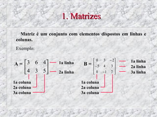 1. Matrizes
   Matriz é um conjunto com elementos dispostos em linhas e
 colunas.
 Exemplo:

                                      0 3 − 2     1a linha
A = 3 6  4        1a linha    B=   − 5 4 3 
                                                    2a linha
     4 3 5                                 
                  2a linha          0 −1 7 
                                                  3a linha

1a coluna                      1a coluna
2a coluna                      2a coluna
3a coluna                      3a coluna
 