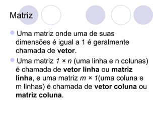 Matriz
Uma matriz onde uma de suas
dimensões é igual a 1 é geralmente
chamada de vetor.
Uma matriz 1 × n (uma linha e n colunas)
é chamada de vetor linha ou matriz
linha, e uma matriz m × 1(uma coluna e
m linhas) é chamada de vetor coluna ou
matriz coluna.
 