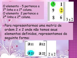 O elemento - 5 pertence a
1ª linha e a 1ª coluna.
O elemento 2 pertence a
2ª linha e 2ª coluna.

 Pararepresentarmos uma matriz de
 ordem 2 x 2 onde não temos seus
 elementos definidos, representamos da
 seguinte forma:
 