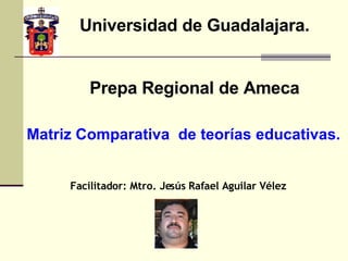 Universidad de Guadalajara. Prepa Regional de Ameca Facilitador: Mtro. Jesús Rafael Aguilar Vélez Matriz Comparativa  de teorías educativas. 