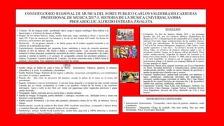 CONSERVATORIO REGIONAL DE MUSICA DEL NORTE PUBLICO CARLOS VALDERRAMA CARRERAS
PROFESIONAL DE MUSICA 2017-1. HISTORIA DE LA MUSICA UNIVERSAL SAMBA
PROF.ABOG.LIC.ALFREDO ESTRADA ZAVALETA
• Termino: De las lenguas árabe, quimbundo (dar), congo o angola (ombligo). Para indicar a la
danza teatro y al festival de danzas en Bahía.
• Orígen: De los ritmos Maxixe, lundu, semba, batucada, jongo, modinha y choro; a inicios del
siglo XX. Tipos de musica por los batuques y las de las tías baiana. Del lundu, las fiestas en
terreiros y movimientos del capoeira
• Definicion: Es un género musical y de danza propio de la cultura popular brasileña y un
símbolo de la identidad nacional.
• Características: Acompañada por pequeñas frases melódicas y coros de creación anónima,
popular en Río de Janeiro, São Paulo y Bahía e improvisacion. Una sección rítmica que
contiene el ritmo principal, usualmente un bombo de surdo o tantan. El cavaquinho ( de cuatro
cuerdas y similar al ukelele o el cavaco). El cavaquinho conecta las secciones armónica y
rítmica. El pandero. Guitarra acústica de 7 cuerdas. Las letras canciones amor y fútbol, hasta la
política y otros temas. Este subgénero incluye a todos los demás.
TIPOS:
• Samba antigo de Bahía de edad o rural de Bahía: Instrumentos: Pandeiro, guitarra, el sonajero
(chocalho) y, a veces, la castañuelas y berimbaus.
• Samba Paulista Antigo: Dominio de los negros y caboclos, variaciones coreográficas y con instrumentos:
las violas, la celosía y panderetas.
• Partido alto: Alto ritmo de percusión del pandero, usando la palma de la mano en el centro del
instrumento.
• Pagode: Ochentas y nuevos instrumentos: el tan-tan, banjo pequeño y el repique de mão (sonido manual)
Cantado por un solista, cavaquinho, el violão y un pandeiro. Propio de las fiestas y las reuniones
informales, bares y cafés al aire libre con letras son juguetonas sobre enganches amorosos o algún
asunto divertido.
• Neopagode: Bahía, cultivada por las clases bajas y medias urbanas.
• Samba de breque: Extinguida, partes habladas y diálogos; excelente voz, habilidad voces y letras con
historias y eran divertidas.
• Samba-canção: Romántica y de ritmo más alentado, alternativa ritmos de los '60); en tematica lírica a
trágica.
• Samba-enredo: escuela de samba en Río desde 1930; vocalistas masculinos, cavaquinho y batería densa
y compleja batucada, enfatiza segundo tiempo de los compases.
• Sambalanço, incluye Samba-Rock (samba-raíz, samba-funk, pop-rock y MPB) diferente y moderno
canción antiguas y ritmos bailantes y moderno.
EVOLUCION
• Evolución: En Río de Janeiro, finales XIX y las primeras
decadas del XX, por los esclavos libertos. Grabaciones de
Baiano en 1917 e interpretacion de candomblé en el templo de la
ialorixá Tía Ciata, luego composiciones de las sambas-maxixe.
En 1920, por innovaciones de los barrios Estácio y Osvaldo
Cruz y de los morros Mangueira, Salgueiro y São Carlos; como
samba «genuíno» o «de raíz». La primera escuela de samba,
Deixa Falar, en el barrio de Estácio; difusion radial y por el
presidente Getúlio Vargas, en la música oficial del Brasil. Otros
estilos samba-canción, orquestas de batería del carnaval y la
bossa nova (clase media y favelas). A 1980, ante la música disco
y el rock brasileño; se renueva con el pagode, con nuevos
instrumentos (banjo y el tantan) con lenguaje-hablar de la epoca.
Es muy popular en Japón
• Subgéneros: Bossa nova, pagode (ochentas por Zecca Pagodinho,
fin llorar, facilidad bailarines y romanticismo), samba-canção,
samba-enredo (desfile), samba de morro (laderas de periferia) y
samba de partido-alto (desafío coro y versos)
• Fusiones: Samba-choro, samba-funk (noventas con tambores y
bajo), samba-jazz, samba-rap (noventas por paulistanos y
cariocas), samba-reggae (noventas en Bahía, Río y Sao Paulo),
pagoda de los trenes (turistica de reuniones día 2 de diciembre),
samba-rock paulista), sambalada, sambolero.
• Exponentes: Cartola, Nara Leão, Jair Rodrigues, Gilberto Gil,
Tom Jobin, Chico Buarque, Caetano Veloso, Carlinhos Brown,
Zeca Pagodinho, Becerra da Silva, Martinho da Vila y Elza
Soares.
INSTRUMENTOS Y REPERTORIO
• Instrumentos: Instrumentos: Cavaquinho, varios tipos de guitarra, pandeiro, surdo
y tamborim.
• Repertorio: : Magalenha, Chega de saudade, One note samba, Mas que nada,
Desafinado, Wave, Corcovado, Bim bom.
 