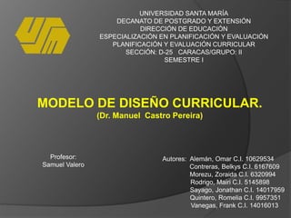 UNIVERSIDAD SANTA MARÍA
DECANATO DE POSTGRADO Y EXTENSIÓN
DIRECCIÓN DE EDUCACIÓN
ESPECIALIZACIÓN EN PLANIFICACIÓN Y EVALUACIÓN
PLANIFICACIÓN Y EVALUACIÓN CURRICULAR
SECCIÓN: D-25 CARACAS/GRUPO: II
SEMESTRE I
MODELO DE DISEÑO CURRICULAR.
(Dr. Manuel Castro Pereira)
Autores: Alemán, Omar C.I. 10629534
Contreras, Belkys C.I. 6167609
Morezu, Zoraida C.I. 6320994
Rodrigo, Mairi C.I. 5145898
Sayago, Jonathan C.I. 14017959
Quintero, Romelia C.I. 9957351
Vanegas, Frank C.I. 14016013
Profesor:
Samuel Valero
 