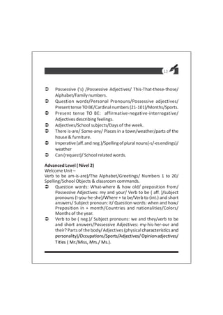 13
Possessive (‘s) /Possessive Adjectives/ This-That-these-those/
Alphabet/Family numbers.
Question words/Personal Pronouns/Possessive adjectives/
Present tenseTO BE/Cardinalnumbers (21-101)/Months/Sports.
Present tense TO BE: affirmative-negative-interrogative/
Adjectives describing feelings.
Adjectives/School subjects/Days of the week.
There is-are/ Some-any/ Places in a town/weather/parts of the
house & furniture.
Imperative(aff.andneg.)/Spellingofpluralnouns(-s/-esendings)/
weather
Can (request)/ School related words.
Advanced Level ( Nível 2)
Welcome Unit –
Verb to be am-is-are)/The Alphabet/Greetings/ Numbers 1 to 20/
Spelling/School Objects & classroom commands.
Question words: What-where & how old/ preposition from/
Possessive Adjectives: my and your/ Verb to be ( aff. )/subject
pronouns (I-you-he-she)/Where + to be/Verb to (int.) and short
answers/ Subject pronoun: it/ Question words: when and how/
Preposition in + month/Countries and nationalities/Colors/
Months of the year.
Verb to be ( neg.)/ Subject pronouns: we and they/verb to be
and short answers/Possessive Adjectives: my-his-her-our and
their? Parts of the body/ Adjectives (physical characteristics and
personality)/Occupations/Sports/Adjectives/Opinionadjectives/
Titles ( Mr./Miss, Mrs./ Ms.).
 