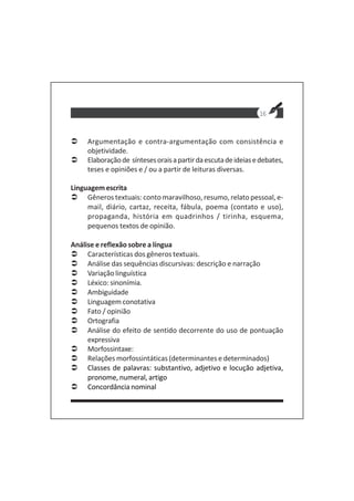 16
Argumentação e contra-argumentação com consistência e
objetividade.
Elaboraçãode síntesesoraisapartirdaescutadeideiasedebates,
teses e opiniões e / ou a partir de leituras diversas.
Linguagemescrita
Gêneros textuais: conto maravilhoso, resumo, relato pessoal, e-
mail, diário, cartaz, receita, fábula, poema (contato e uso),
propaganda, história em quadrinhos / tirinha, esquema,
pequenos textos de opinião.
Análise e reflexão sobre a língua
Características dos gêneros textuais.
Análise das sequências discursivas: descrição e narração
Variação linguística
Léxico: sinonímia.
Ambiguidade
Linguagem conotativa
Fato / opinião
Ortografia
Análise do efeito de sentido decorrente do uso de pontuação
expressiva
Morfossintaxe:
Relações morfossintáticas (determinantes e determinados)
Classes de palavras: substantivo, adjetivo e locução adjetiva,
pronome, numeral, artigo
Concordância nominal
 