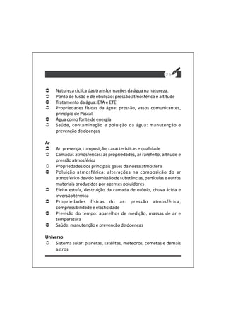 25
Natureza ciclíca das transformações da água na natureza.
Ponto de fusão e de ebulição: pressão atmosférica e altitude
Tratamento da água: ETA e ETE
Propriedades físicas da água: pressão, vasos comunicantes,
princípio de Pascal
Água como fonte de energia
Saúde, contaminação e poluição da água: manutenção e
prevenção de doenças
Ar
Ar: presença, composição, características e qualidade
Camadas atmosféricas: as propriedades, ar rarefeito, altitude e
pressão atmosférica
Propriedades dos principais gases da nossa atmosfera
Poluição atmosférica: alterações na composição do ar
atmosférico devido à emissão de substâncias, partículas e outros
materiais produzidos por agentes poluidores
Efeito estufa, destruição da camada de ozônio, chuva ácida e
inversão térmica
Propriedades físicas do ar: pressão atmosférica,
compressibilidade e elasticidade
Previsão do tempo: aparelhos de medição, massas de ar e
temperatura
Saúde: manutenção e prevenção de doenças
Universo
Sistema solar: planetas, satélites, meteoros, cometas e demais
astros
 