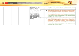 transformación de los
materiales utilizados e
infiere los efectos de la
aplicación de la solución
tecnológica en el ámbito
social, ambiental y ético,
- Propone estrategias para
reducir posibles impactos y
propone un plan de mejora
para incrementar su
eficiencia.
científicos o en prácticas locales, y determina el impacto
ambiental y social.
4º  Realiza pruebas repetitivas para verificar el funcionamiento de la
solución tecnológica según los requerimientos establecidos y
fundamenta su propuesta de mejora para incrementar la
eficiencia y reducir el impacto ambiental. Explica su construcción,
y los cambios o ajustes realizados sobre la base de conocimientos
científicos o en prácticas locales.
5º  Realiza pruebas repetitivas para verificar el funcionamiento de la
solución tecnológica según los requerimientos establecidos y
fundamenta su propuesta de mejora para incrementar la
eficiencia y reducir el impacto ambiental. Explica su construcción,
y los cambios o ajustes realizados sobre la base de conocimientos
científicos o en prácticas locales
 