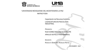 “UNIVERSIDAD MEXIQUENSE DEL BICENTENARIO LA PAZ
MATRIZ FODA
Capacitación de Recursos Humanos
LICENCIATURA EN PSICOLOGIA
INDUSTRIAL
PRESENTA:
RUIZ GOMEZ BEATRIZ GUADALUPE
ARAUJO SOTELO FRIDA MARISOL
DOCENTE:
RODOLFO DEMETRIO ROSALES REYES
DICIEMBRE 2020
 