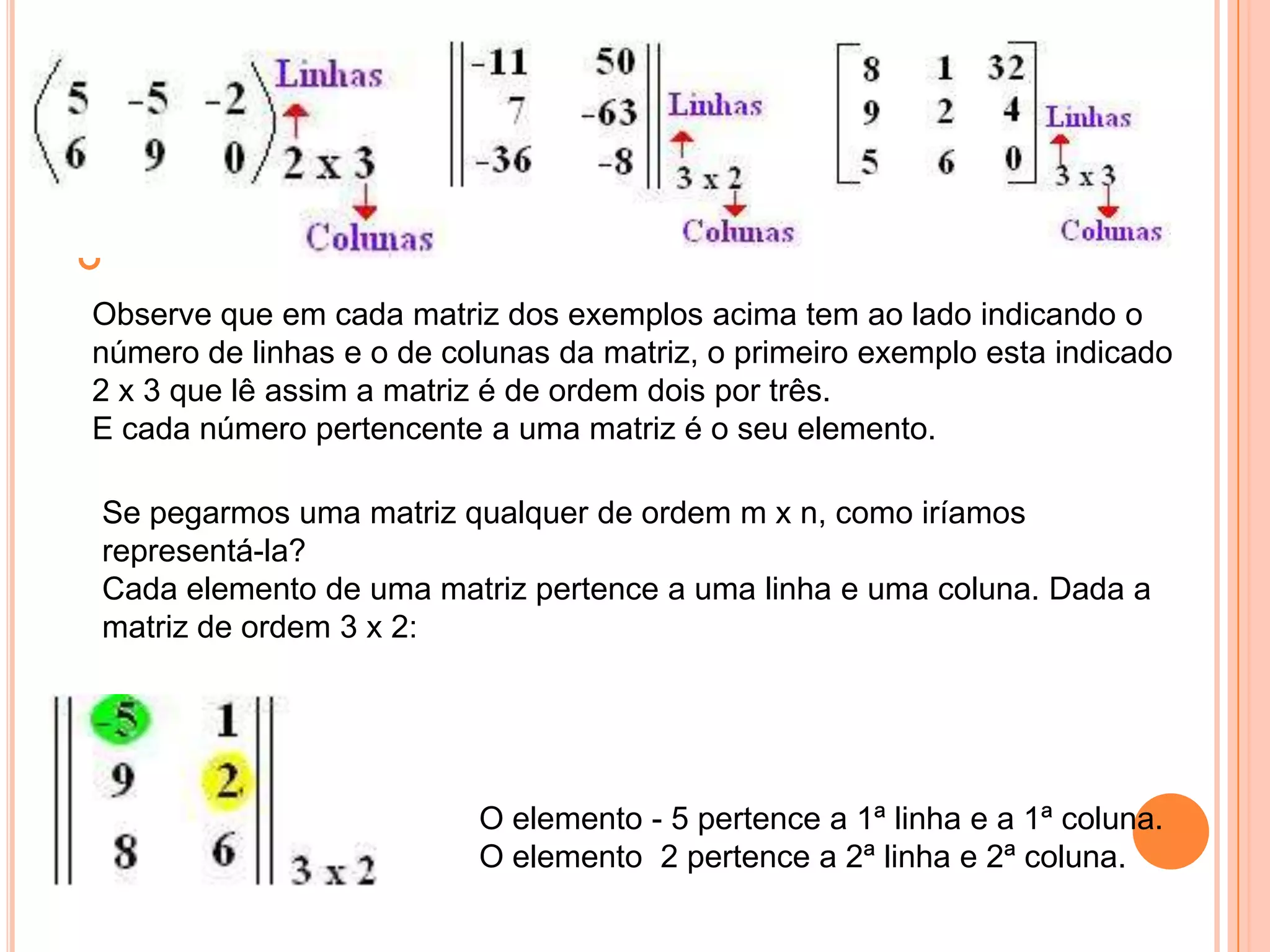 Observe que em cada matriz dos exemplos acima tem ao lado indicando o número de linhas e o de colunas da matriz, o primeiro exemplo esta indicado 2 x 3 que lê assim a matriz é de ordem dois por três. E cada número pertencente a uma matriz é o seu elemento. Se pegarmos uma matriz qualquer de ordem m x n, como iríamos representá-la? Cada elemento de uma matriz pertence a uma linha e uma coluna. Dada a matriz de ordem 3 x 2: O elemento - 5 pertence a 1ª linha e a 1ª coluna. O elemento  2 pertence a 2ª linha e 2ª coluna. 