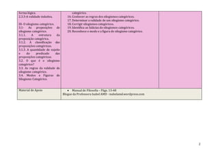 2
forma lógica.
2.3.3-A validade indutiva.
III- O silogismo categórico.
3.1- As proposições do
silogismo categórico.
3.1.1. A estrutura da
proposição categórica.
3.1.2. A classificação das
proposições categóricas.
3.1.3. A quantidade do sujeito
e do predicado das
proposições categóricas.
3.2. O que é o silogismo
categórico?
3.3. As regras da validade do
silogismo categórico.
3.4. Modos e Figuras do
Silogismo Categórico.
categórico.
16. Conhecer as regras dos silogismos categóricos.
17. Determinar a validade de um silogismo categórico.
18. Corrigir silogismos categóricos.
19. Identifica as falácias do silogismos categóricos.
20. Reconhece o modo e a figura do silogismo categórico.
Material de Apoio  Manual de Filosofia – Págs. 13-48
Blogue da Professora Isabel AMD - isabelamd.wordpress.com
 