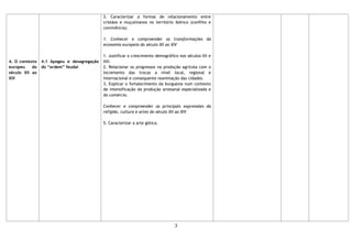 3
4. O contexto
europeu do
século XII ao
XIV
4.1 Apogeu e desagregação
do “ordem” feudal
3. Caracterizar a formas de relacionamento entre
cristãos e muçulmanos no território ibérico (conflito e
convivência).
1. Conhecer e compreender as transformações da
economia europeia do século XII ao XIV
1. Justificar o crescimento demográfico nos séculos XII e
XIII.
2. Relacionar os progressos na produção agrícola com o
incremento das trocas a nível local, regional e
internacional e consequente reanimação das cidades.
3. Explicar o fortalecimento da burguesia num contexto
de intensificação da produção artesanal especializada e
do comércio.
Conhecer e compreender as principais expressões da
religião, cultura e artes do século XII ao XIV
5. Caracterizar a arte gótica.
 