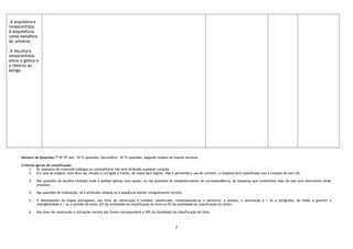 .A arquitetura
renascentista:
A arquitetura
como metáfora
do universo
.A escultura
renascentista:
entre o gótico e
o retorno ao
antigo
Número de Questões:7º/8º/9º ano – 8/12 questões; Secundário – 8/15 questões, segundo modelo de exame nacional.
Critérios gerais de classificação:
1. Às respostas de conteúdo ambíguo ou contraditório não será atribuída qualquer cotação.
2. Em caso de engano, este deve ser riscado e corrigido à frente, de modo bem legível. Não é permitido o uso de corretor, a resposta será classificada com a cotação de zero (0).
3. Nas questões de escolha múltipla onde é pedida apenas uma opção, ou nas questões de estabelecimento de correspondência, as respostas que contenham mais do que uma alternativa serão
anuladas.
4. Nas questões de ordenação, só é atribuída cotação se a sequência estiver integralmente correta.
5. O desempenho da língua portuguesa, nos itens de construção é também classificado, contemplando-se a estrutura, a sintaxe, a pontuação e / ou a ortografia, de modo a garantir a
inteligibilidade e / ou o sentido do texto (2% da totalidade da classificação do item ou 5% da totalidade da classificação do teste).
6. Nos itens de construção a utilização correta das fontes corresponderá a 50% da totalidade da classificação do item.
2
 