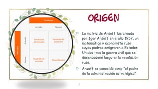 ORIGEN
⊳ La matriz de Ansoff fue creada
por Igor Ansoff en el año 1957, un
matemático y economista ruso
cuyos padres emigraron a Estados
Unidos tras la guerra civil que se
desencadenó luego en la revolución
rusa.
⊳ Ansoff es conocido como “el padre
de la administración estratégica”
3
 