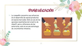 Diversificación
⊳ La compañía concentra sus esfuerzos
en el desarrollo de nuevos productos
en nuevos mercados. Esta es una de las
opciones resultantes de la matriz de
Ansoff, pero a diferencia de las
anteriores, esta no es una estrategia
de crecimientos intensiva.
9
 