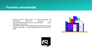 • Editorial Grudemi (2018). Matriz de Ansoff. Recuperado de
Enciclopedia Económica. Disponible en:
https://enciclopediaeconomica.com/matriz-de-ansoff/. Última
actualización: marzo 2022.
• Laura Martinez Molera. (Abril 2021) Matriz de Ansoff: qué es y cómo
aplicarla. Disponible en: https://blog.hubspot.es/marketing/matriz-
ansoff
Fuentes consultadas
 