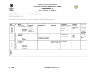 COLEGIO EDUARDO UMAÑA MENDOZA
                                                                                                          Resolución de Aprobación No 4949 de Noviembre 24 de 2005
                                                                                                                             Grados aprobados 0º - 11º
                                                                                                                      DANE: 111001104337 NIT: 900060722-0
IMPRONTA: CICLO: 4                                                                     4to período        GRADO : Octavo

ASIGNATURA: ARTÍSTICA                                                                           DOCENTE: SANDRA SALAZAR

PROPÓSITO DE ENSEÑANZA POR CICLO:



PREGUNTA PROBLÉMICA:Los                                              estudiantes del EUM, logran realizar adecuadamente los ejercicios de secuencia en círculos?



                                                                                                                               PROCESOS
    EJES       DE                                                 AMBITOS                                                                                                       ESTRATEGIAS              RECURSOS
                                                                                                                                                                                                                              EVALUACIÓN
    DESARROLLO                                                    CONCEPTUALES              COGNITIVAS               PROCEDIMENTALES                 VALORATIVAS                PEDAGOGICA Y DIDÁCTICA   DIDACTICOS

                                                                  APRECIACIÓN TEÓRICA        Mantiene                                                                          Análisis de obras
          ANALISIS DE LA




                                                                                                                                                                                                         Recortes de textos   - Utilización
                                                                                             secuencias                                                                         musicales                artísticos
            REALIDAD




                                                                                             musicales         de                                                                                                             adecuada de
                                                                      -    Secuencia en
                                                                                             manera                                                                                                                           los recursos.
                                                                           movimiento                                                                                           Trabajo en grupo
                                                                                             permanente                                                                                                                       - Habilidad
                                                                           en círculos
                                                                                                                                                                                                                              para trabajar
                           COMPETENCIAS: LABORALES, CIUDADANAS,




                                                                                                                                                                                                                              en grupo.
                                                                  HABILIDADES                                                                                                   Trabajos prácticos
                                                                                                                                                                                                                              - Respeto de
             LIDERAZGO




                                                                  MOTRICES                                                                                                                               Flauta
                                                                                                                     Realiza consultas sobre la                                                          Papel                la     opinión
                                                                                                                     vida y obra de los grandes                                 Ejercicios rítmicos      Marcadores
                                                                                                                                                                                                         Grabadora
                                                                                                                                                                                                                              ajena.
                                                                      -    Signos                                    compositores colombianos
                                                                           musicales
                                                                  PENSAMIENTO                                                                        Respeta el turno en los    Socializaciones          Fotocopias

                                                                  REFLEXIVO                                                                          ejercicios de trabajo en
       COMUNITARIA




                           COMUNICATIVAS
         GESTION




                                                                                                                                                     círculo
                                                                      -    Biografías de
                                                                           compositore
                                                                           s
                                                                           colombianos
    RETROALIMEN
       TACIÓN




                                                                                                                                                         .




RECTORÍA                                                                                                                           COORDINACIÓN ACADÉMICA
 