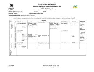 COLEGIO EDUARDO UMAÑA MENDOZA
                                                                                                                         Resolución de Aprobación No 4949 de Noviembre 24 de 2005
                                                                                                                                             Grados aprobados 0º - 11º
                                                                                                                                      DANE: 111001104337 NIT: 900060722-0
IMPRONTA: CICLO: 4 “proyecto de vida”                                                                                       2do período             NOVENO

ASIGNATURA: ARTÍSTICA                                                                                         DOCENTE: EMILSE CAMARGO LÓPEZ

PROPÓSITO DE ENSEÑANZA POR CICLO:Valorar su trabajo y el de los demás


     -                   PREGUNTA PROBLÉMICA:Los estudiantes del EUM,                                               desarrollan su creatividad utilizando diferentes materiales en la realización de los diferentes trabajos artísticos?

                                                                                                                                                 PROCESOS
    EJES       DE                                                                   AMBITOS                                                                                                       ESTRATEGIAS                   RECURSOS
                                                                                                                                                                                                                                                     EVALUACIÓN
    DESARROLLO                                                                      CONCEPTUALES           COGNITIVAS                PROCEDIMENTALES                  VALORATIVAS                 PEDAGOGICA Y DIDÁCTICA        DIDACTICOS

                                                                                    APRECIACIÓN TEÓRICA    Identifica y aprecia                                       Muestra agrado por la       Análisis de textos
          ANALISIS DE LA




                                                                                                                                                                                                                                Recortes de textos   Habilidad
                                                                                                           las         principales                                    actividad        plástica                                 artísticos
            REALIDAD




                                                                                        -   Pintura        características     del                                    mediante      el    buen                                                       para
                                                                                                           arte colombiano                                            desarrollo      de     la                                                      expresar
                               COMPETENCIAS: LABORALES, CIUDADANAS, COMUNICATIVAS




                                                                                            colombiana
                                                                                                                                                                      actividad plástica                                                             ideas       y
                                                                                                                                                                                                                                                     sentimientos
                                                                                    HABILIDADES                                                                                                   Trabajos prácticos                                 visualmente.
                                                                                    MOTRICES                                                                                                                                                         - Calidad del
                                                                                                                                                                                                                                                     análisis    y
                                                                                                           Identifica         las
             LIDERAZGO




                                                                                        -   Taller                                                                                                                                                   aporte a la
                                                                                            pictórico      principales               Participa   activamente   en                                                               Cartón
                                                                                                                                                                                                                                Pinturas             reflexión.-
                                                                                        -   Accesoriospa   características de las    clase
                                                                                            ra fiestas     fiestas colombianas                                                                                                                       Habilidad
                                                                                            colombianas                                                                                                                                              para utilizar
                                                                                        -   Dibujo                                                                                                                                                   recursos

                                                                                    PENSAMIENTO                                      Utiliza adecuadamente los                                    Socializaciones              Fotocopias
       COMUNITARIA




                                                                                    REFLEXIVO                                        materiales sugeridos para la
         GESTION




                                                                                                                                     clase
                                                                                        -   Plan lector:
                                                                                            Omar Rayo
    RETROALIMEN
       TACIÓN




                                                                                                                                                                         .




RECTORÍA                                                                                                                                            COORDINACIÓN ACADÉMICA
 