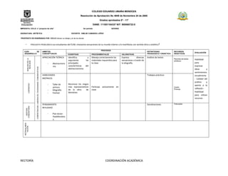 COLEGIO EDUARDO UMAÑA MENDOZA
                                                                                                                         Resolución de Aprobación No 4949 de Noviembre 24 de 2005
                                                                                                                                              Grados aprobados 0º - 11º
                                                                                                                                         DANE: 111001104337 NIT: 900060722-0
IMPRONTA: CICLO: 4 “proyecto de vida”                                                                                      3er período                     NOVENO

ASIGNATURA: ARTÍSTICA                                                                                          DOCENTE: EMILSE CAMARGO LÓPEZ

PROPÓSITO DE ENSEÑANZA POR CICLO:Valorar su trabajo y el de los demás


     -                   PREGUNTA PROBLÉMICA:Los estudiantes del EUM,                                               interpreta sensaciones de su mundo interior y lo manifiesta con sentido ético y estético?

                                                                                                                                                PROCESOS
    EJES       DE                                                                   AMBITOS                                                                                                    ESTRATEGIAS              RECURSOS
                                                                                                                                                                                                                                             EVALUACIÓN
    DESARROLLO                                                                      CONCEPTUALES            COGNITIVAS              PROCEDIMENTALES                 VALORATIVAS                PEDAGOGICA Y DIDÁCTICA   DIDACTICOS

                                                                                    APRECIACIÓN TEÓRICA     Identifica        y     Maneja correctamente los        Expresa        diversas    Análisis de textos
          ANALISIS DE LA




                                                                                                                                                                                                                        Recortes de textos   Habilidad
                                                                                                            argumenta       las     materiales requeridos para      sensaciones a través de                             artísticos
            REALIDAD




                                                                                        -   Abstraccionis   principales             la clase                        la xilografía                                                            para
                                                                                            mo              características del                                                                                                              expresar
                               COMPETENCIAS: LABORALES, CIUDADANAS, COMUNICATIVAS




                                                                                                            abstraccionismo                                                                                                                  ideas       y
                                                                                                                                                                                                                                             sentimientos
                                                                                    HABILIDADES                                                                                                Trabajos prácticos                            visualmente.
                                                                                    MOTRICES                                                                                                                                                 - Calidad del
                                                                                                                                                                                                                                             análisis    y
                                                                                                            Reconoce los rasgos
             LIDERAZGO




                                                                                        -   Taller de                                                                                                                                        aporte a la
                                                                                            pintura         más representativos     Participa   activamente   en                                                        Cartón
                                                                                                                                                                                                                        Pinturas             reflexión.-
                                                                                        -   Xilografía      de la obra       de     clase
                                                                                        -   Festival        Mondrian                                                                                                                         Habilidad
                                                                                                                                                                                                                                             para utilizar
                                                                                                                                                                                                                                             recursos

                                                                                    PENSAMIENTO                                                                                                Socializaciones          Fotocopias
       COMUNITARIA




                                                                                    REFLEXIVO
         GESTION




                                                                                        -   Plan lector:
                                                                                            PeatMondria
                                                                                            n
    RETROALIMEN
       TACIÓN




                                                                                                                                                                       .




RECTORÍA                                                                                                                                           COORDINACIÓN ACADÉMICA
 