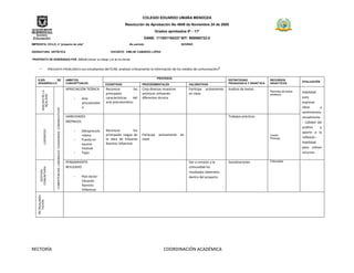 COLEGIO EDUARDO UMAÑA MENDOZA
                                                                                                                        Resolución de Aprobación No 4949 de Noviembre 24 de 2005
                                                                                                                                            Grados aprobados 0º - 11º
                                                                                                                                     DANE: 111001104337 NIT: 900060722-0
IMPRONTA: CICLO: 4 “proyecto de vida”                                                                                      4to período                        NOVENO

ASIGNATURA: ARTÍSTICA                                                                                         DOCENTE: EMILSE CAMARGO LÓPEZ

PROPÓSITO DE ENSEÑANZA POR CICLO:Valorar su trabajo y el de los demás


     -                   PREGUNTA PROBLÉMICA:Los estudiantes del EUM,                                               analizan críticamente la información de los medios de comunicación?

                                                                                                                                                PROCESOS
    EJES       DE                                                                   AMBITOS                                                                                                  ESTRATEGIAS              RECURSOS
                                                                                                                                                                                                                                           EVALUACIÓN
    DESARROLLO                                                                      CONCEPTUALES           COGNITIVAS               PROCEDIMENTALES                VALORATIVAS               PEDAGOGICA Y DIDÁCTICA   DIDACTICOS

                                                                                    APRECIACIÓN TEÓRICA    Reconoce          las    Crea diversas muestras         Participa   activamente   Análisis de textos
          ANALISIS DE LA




                                                                                                                                                                                                                      Recortes de textos   Habilidad
                                                                                                           principales              artísticas utilizando          en clase                                           artísticos
            REALIDAD




                                                                                        -   Arte           características  del     diferentes técnica                                                                                     para
                                                                                            precolombin    arte precolombino                                                                                                               expresar
                                                                                            o                                                                                                                                              ideas       y
                               COMPETENCIAS: LABORALES, CIUDADANAS, COMUNICATIVAS




                                                                                                                                                                                                                                           sentimientos
                                                                                    HABILIDADES                                                                                              Trabajos prácticos                            visualmente.
                                                                                    MOTRICES                                                                                                                                               - Calidad del
                                                                                                                                                                                                                                           análisis    y
                                                                                                           Reconoce           los
             LIDERAZGO




                                                                                        -   Obraprecolo                                                                                                                                    aporte a la
                                                                                            mbina          principales rasgos de    Participa   activamente   en                                                      Cartón
                                                                                                                                                                                                                      Pinturas             reflexión.-
                                                                                        -   Puesta en      la obra de Eduardo       clase
                                                                                            escena         Ramírez Villamizar                                                                                                              Habilidad
                                                                                            Festival                                                                                                                                       para utilizar
                                                                                        -   Tapiz                                                                                                                                          recursos

                                                                                    PENSAMIENTO                                                                    Dar a conocer a la        Socializaciones          Fotocopias

                                                                                    REFLEXIVO                                                                      comunidad los
       COMUNITARIA
         GESTION




                                                                                                                                                                   resultados obtenidos
                                                                                        -   Plan lector:                                                           dentro del proyecto
                                                                                            Eduardo
                                                                                            Ramírez
                                                                                            Villamizar
    RETROALIMEN
       TACIÓN




                                                                                                                                                                       .




RECTORÍA                                                                                                                                           COORDINACIÓN ACADÉMICA
 