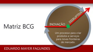 Matriz BCG
EDUARDO MAYER FAGUNDES
INOVAÇÃO
Um processo para criar
produtos e serviços
para novas fronteiras
de mercado.
 