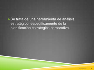 Se trata de una herramienta de análisis

estratégico, específicamente de la
planificación estratégica corporativa.

13/10/2013

3

 