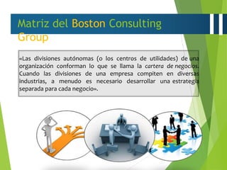 Matriz del Boston Consulting
Group
«Las divisiones autónomas (o los centros de utilidades) de una
organización conforman lo que se llama la cartera de negocios.
Cuando las divisiones de una empresa compiten en diversas
industrias, a menudo es necesario desarrollar una estrategia
separada para cada negocio».
 