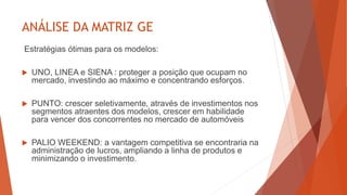 ANÁLISE DA MATRIZ GE
Estratégias ótimas para os modelos:
 UNO, LINEA e SIENA : proteger a posição que ocupam no
mercado, ...