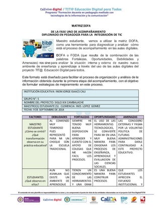 MATRIZ DOFA 
DE LA FASE UNO DE ACOMPAÑAMIENTO 
DIPLOMADO EN PEDAGOGÍA PARA LA INTEGRACIÓN DE TIC 
Maestro estudiante, vamos a utilizar la matriz DOFA, 
como una herramienta para diagnosticar y analizar cómo 
está el proceso de acompañamiento en las aulas digitales. 
DOFA o FODA (que resulta de la combinación de las 
palabras Fortalezas, Oportunidades, Debilidades y 
Amenazas) nos sirve para analizar la situación interna y externa de nuestro nuevo 
ambiente de enseñanza y aprendizaje a través del uso de las aulas digitales del 
proyecto TIT@ Educación Digital para todos. 
Este formato está diseñado para facilitar el proceso de organización y análisis de la 
información obtenida durante la primera etapa del acompañamiento, con el objetivo 
de formular estrategias de mejoramiento en este proceso. 
INSTITUCIÓN EDUCATIVA: INEM JORGE ISAACS CALI 
GRUPO N°: 5 
NOMBRE DEL PROYECTO: SIGLO XIX CAMBALACHE 
MAESTRO(S) ESTUDIANTE (S): CLEMENCIA INES LOPEZ GOMEZ 
FECHA: 9 DE SEPTIEMBRE DE 2014 
FACTORES DEBILIDADES FORTALEZAS OPORTUNIDADES AMENAZAS 
MAESTRO 
ESTUDIANTE 
¿Cómo se sintió? 
¿Qué 
transformación 
observa en su 
práctica educativa? 
AL COMIENZO 
MUY 
TEMEROSO 
PUES 
REPRESENTÓ 
PARA MI UN 
CHOQUE CON 
LA ESCUELA 
TRADICIONAL 
SIEMPRE HE 
TENIDO MUY 
BUENA 
DISPOSICION 
PARA 
APRENDER Y 
CUENTO CON EL 
APOYO DE 
COLEGAS QUE 
ME HACEN 
FACIL LOS 
PROCESOS. 
EL USO DE LAS 
HERRAMIENTAS 
TECNOLOGICAS, 
SE CONVIERTE 
PARA MI EN UNA 
MUY BUENA 
MANERA PARA 
OXIGENAR LOS 
PROCESOS DE 
ENSEÑANZA, 
APRENDIZAJE Y 
EVALUACION DE 
LAS CIENCIAS 
SOCIALES. 
LAS CONSIDERO 
EXTERNAS Y PASAN 
POR LA VOLUNTAD 
POLITICA DE 
FUTURAS 
ADMINISTRACIONES 
PARA DARLE 
CONTINUIDAD A 
ESTE PROYECTO 
EDUCATIVO. 
ESTUDIANTES 
¿Qué observo en 
ellos? 
AUN NO 
ASIMILAN QUE 
EXISTE UN 
AMBIENTE DE 
APRENDIZAJE 
TIENEN UN 
CONOCIMIENTO 
DE LAS 
HERRAMIENTAS 
Y UNA GRAN 
ES UNA BUENA 
MANERA PARA 
CONSTRUIR 
PROCESOS 
QUE LOS 
ESTUDIANTES 
APRECIEN EL 
ESFUERZO 
INSTITUCIONAL Y 
 