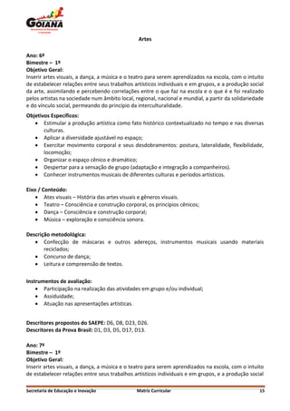 Artes

Ano: 6º
Bimestre – 1º
Objetivo Geral:
Inserir artes visuais, a dança, a música e o teatro para serem aprendizados na escola, com o intuito
de estabelecer relações entre seus trabalhos artísticos individuais e em grupos, e a produção social
da arte, assimilando e percebendo correlações entre o que faz na escola e o que é e foi realizado
pelos artistas na sociedade num âmbito local, regional, nacional e mundial, a partir da solidariedade
e do vínculo social, permeando do princípio da interculturalidade.
Objetivos Específicos:
    Estimular a produção artística como fato histórico contextualizado no tempo e nas diversas
       culturas.
    Aplicar a diversidade ajustável no espaço;
    Exercitar movimento corporal e seus desdobramentos: postura, lateralidade, flexibilidade,
       locomoção;
    Organizar o espaço cênico e dramático;
    Despertar para a sensação de grupo (adaptação e integração a companheiros).
    Conhecer instrumentos musicais de diferentes culturas e períodos artísticos.

Eixo / Conteúdo:
     Ates visuais – História das artes visuais e gêneros visuais.
     Teatro – Consciência e construção corporal, os princípios cênicos;
     Dança – Consciência e construção corporal;
     Música – exploração e consciência sonora.

Descrição metodológica:
    Confecção de máscaras e outros adereços, instrumentos musicais usando materiais
       reciclados;
    Concurso de dança;
    Leitura e compreensão de textos.

Instrumentos de avaliação:
     Participação na realização das atividades em grupo e/ou individual;
     Assiduidade;
     Atuação nas apresentações artísticas.


Descritores propostos do SAEPE: D6, D8, D23, D26.
Descritores da Prova Brasil: D1, D3, D5, D17, D13.

Ano: 7º
Bimestre – 1º
Objetivo Geral:
Inserir artes visuais, a dança, a música e o teatro para serem aprendizados na escola, com o intuito
de estabelecer relações entre seus trabalhos artísticos individuais e em grupos, e a produção social

Secretaria de Educação e Inovação              Matriz Curricular                                   15
 