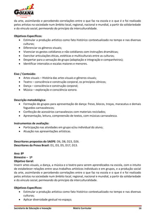 da arte, assimilando e percebendo correlações entre o que faz na escola e o que é e foi realizado
pelos artistas na sociedade num âmbito local, regional, nacional e mundial, a partir da solidariedade
e do vínculo social, permeando do princípio da interculturalidade.

Objetivos Específicos:
    Estimular a produção artístico como fato histórico contextualizado no tempo e nas diversas
       culturas;
    Diferenciar os gêneros visuais;
    Vivenciar os gestos cotidianos e não cotidianos com instruções dramáticas;
    Exercitar articulações éticas, estéticas e multiculturais entre as culturas;
    Despertar para a sensação de grupo (adaptação e integração e companheiros);
    Identificar intervalos e escalas maiores e menores.


Eixo / Conteúdo:
     Artes visuais – História das artes visuais e gêneros visuais;
     Teatro – consciência e construção corporal, os princípios cênicos;
     Dança – consciência e construção corporal;
     Música – exploração e consciência sonora.


Descrição metodológica:
    Formação de grupos para apresentação de dança: frevo, blocos, troças, maracatus e demais
       foguedos carnavalescos;
    Confecção de acessórios carnavalescos com materiais reciclados;
    Apresentação, leitura, compreensão de textos, com músicas carnavalesca.

Instrumentos de avaliação:
     Participação nas atividades em grupo e/ou individual do aluno;
     Atuação nas apresentações artísticas.


Descritores propostos do SAEPE: D6, D8, D23, D26.
Descritores da Prova Brasil: D1, D3, D5, D17, D13.

Ano: 8º
Bimestre – 1º
Objetivo Geral:
Inserir artes visuais, a dança, a música e o teatro para serem aprendizados na escola, com o intuito
de estabelecer relações entre seus trabalhos artísticos individuais e em grupos, e a produção social
da arte, assimilando e percebendo correlações entre o que faz na escola e o que é e foi realizado
pelos artistas na sociedade num âmbito local, regional, nacional e mundial, a partir da solidariedade
e do vínculo social, permeando do princípio da interculturalidade.

Objetivos Específicos:
    Estimular a produção artística como fato histórico contextualizado no tempo e nas diversas
       culturas;
    Aplicar diversidade gestual no espaço;

Secretaria de Educação e Inovação              Matriz Curricular                                   16
 