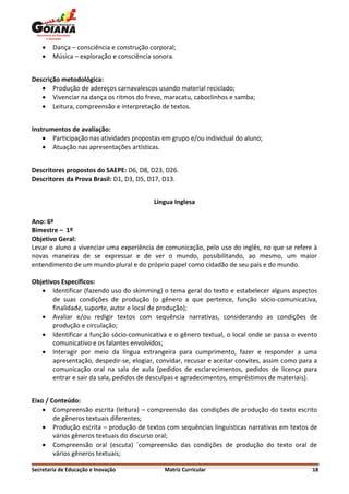    Dança – consciência e construção corporal;
       Música – exploração e consciência sonora.


Descrição metodológica:
    Produção de adereços carnavalescos usando material reciclado;
    Vivenciar na dança os ritmos do frevo, maracatu, caboclinhos e samba;
    Leitura, compreensão e interpretação de textos.


Instrumentos de avaliação:
     Participação nas atividades propostas em grupo e/ou individual do aluno;
     Atuação nas apresentações artísticas.


Descritores propostos do SAEPE: D6, D8, D23, D26.
Descritores da Prova Brasil: D1, D3, D5, D17, D13.


                                          Língua Inglesa

Ano: 6º
Bimestre – 1º
Objetivo Geral:
Levar o aluno a vivenciar uma experiência de comunicação, pelo uso do inglês, no que se refere à
novas maneiras de se expressar e de ver o mundo, possibilitando, ao mesmo, um maior
entendimento de um mundo plural e do próprio papel como cidadão de seu país e do mundo.

Objetivos Específicos:
    Identificar (fazendo uso do skimming) o tema geral do texto e estabelecer alguns aspectos
       de suas condições de produção (o gênero a que pertence, função sócio-comunicativa,
       finalidade, suporte, autor e local de produção);
    Avaliar e/ou redigir textos com sequência narrativas, considerando as condições de
       produção e circulação;
    Identificar a função sócio-comunicativa e o gênero textual, o local onde se passa o evento
       comunicativo e os falantes envolvidos;
    Interagir por meio da língua estrangeira para cumprimento, fazer e responder a uma
       apresentação, despedir-se, elogiar, convidar, recusar e aceitar convites, assim como para a
       comunicação oral na sala de aula (pedidos de esclarecimentos, pedidos de licença para
       entrar e sair da sala, pedidos de desculpas e agradecimentos, empréstimos de materiais).


Eixo / Conteúdo:
     Compreensão escrita (leitura) – compreensão das condições de produção do texto escrito
        de gêneros textuais diferentes;
     Produção escrita – produção de textos com sequências linguísticas narrativas em textos de
        vários gêneros textuais do discurso oral;
     Compreensão oral (escuta) ´compreensão das condições de produção do texto oral de
        vários gêneros textuais;

Secretaria de Educação e Inovação             Matriz Curricular                                 18
 