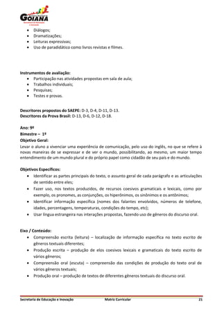    Diálogos;
       Dramatizações;
       Leituras expressivas;
       Uso de paradidático como livros revistas e filmes.




Instrumentos de avaliação:
     Participação nas atividades propostas em sala de aula;
     Trabalhos individuais;
     Pesquisas;
     Testes e provas.


Descritores propostos do SAEPE: D-3, D-4, D-11, D-13.
Descritores da Prova Brasil: D-13, D-6, D-12, D-18.

Ano: 9º
Bimestre – 1º
Objetivo Geral:
Levar o aluno a vivenciar uma experiência de comunicação, pelo uso do inglês, no que se refere à
novas maneiras de se expressar e de ver o mundo, possibilitando, ao mesmo, um maior tempo
entendimento de um mundo plural e do próprio papel como cidadão de seu país e do mundo.

Objetivos Específicos:
    Identificar as partes principais do texto, o assunto geral de cada parágrafo e as articulações
       de sentido entre eles;
    Fazer uso, nos textos produzidos, de recursos coesivos gramaticais e lexicais, como por
       exemplo, os pronomes, as conjunções, os hiperônimos, os sinônimos e os antônimos;
    Identificar informação específica (nomes dos falantes envolvidos, números de telefone,
       idades, percentagens, temperaturas, condições do tempo, etc);
    Usar língua estrangeira nas interações propostas, fazendo uso de gêneros do discurso oral.


Eixo / Conteúdo:
     Compreensão escrita (leitura) – localização de informação específica no texto escrito de
        gêneros textuais diferentes;
     Produção escrita – produção de elos coesivos lexicais e gramaticais do texto escrito de
        vários gêneros;
     Compreensão oral (escuta) – compreensão das condições de produção do texto oral de
        vários gêneros textuais;
     Produção oral – produção de textos de diferentes gêneros textuais do discurso oral.




Secretaria de Educação e Inovação              Matriz Curricular                                 21
 