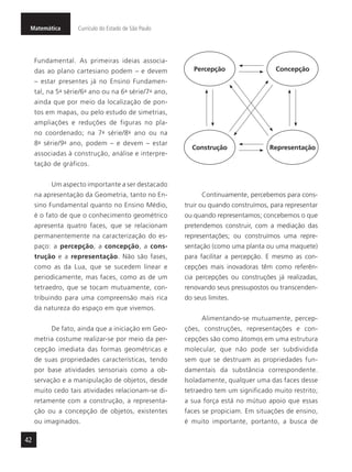 Matemática Currículo do Estado de São Paulo
42
Fundamental. As primeiras ideias associa-
das ao plano cartesiano podem – e devem
– estar presentes já no Ensino Fundamen-
tal, na 5a
- série/6o
- ano ou na 6a
- série/7o
- ano,
ainda que por meio da localização de pon-
tos em mapas, ou pelo estudo de simetrias,
ampliações e reduções de figuras no pla-
no coordenado; na 7a
- série/8o
- ano ou na
8a
- série/9o
- ano, podem – e devem – estar
associadas à construção, análise e interpre-
tação de gráficos.
Um aspecto importante a ser destacado
na apresentação da Geometria, tanto no En-
sino Fundamental quanto no Ensino Médio,
é o fato de que o conhecimento geométrico
apresenta quatro faces, que se relacionam
permanentemente na caracterização do es-
paço: a percepção, a concepção, a cons-
trução e a representação. Não são fases,
como as da Lua, que se sucedem linear e
periodicamente, mas faces, como as de um
tetraedro, que se tocam mutuamente, con-
tribuindo para uma compreensão mais rica
da natureza do espaço em que vivemos.
De fato, ainda que a iniciação em Geo-
metria costume realizar-se por meio da per-
cepção imediata das formas geométricas e
de suas propriedades características, tendo
por base atividades sensoriais como a ob-
servação e a manipulação de objetos, desde
muito cedo tais atividades relacionam-se di-
retamente com a construção, a representa-
ção ou a concepção de objetos, existentes
ou imaginados.
Representação
ConcepçãoPercepção
Construção
Continuamente, percebemos para cons-
truir ou quando construímos, para representar
ou quando representamos; concebemos o que
pretendemos construir, com a mediação das
representações; ou construímos uma repre-
sentação (como uma planta ou uma maquete)
para facilitar a percepção. E mesmo as con-
cepções mais inovadoras têm como referên-
cia percepções ou construções já realizadas,
renovando seus pressupostos ou transcenden-
do seus limites.
Alimentando-se mutuamente, percep-
ções, construções, representações e con-
cepções são como átomos em uma estrutura
molecular, que não pode ser subdividida
sem que se destruam as propriedades fun-
damentais da substância correspondente.
Isoladamente, qualquer uma das faces desse
tetraedro tem um significado muito restrito;
a sua força está no mútuo apoio que essas
faces se propiciam. Em situações de ensino,
é muito importante, portanto, a busca de
 