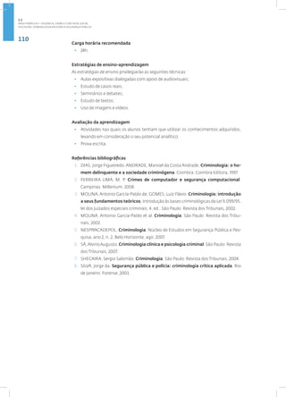 110
Disciplina: Criminologia Aplicada à Segurança Pública
Carga horária recomendada
• 24h.
Estratégias de ensino-aprendizagem
As estratégias de ensino privilegiarão as seguintes técnicas:
• Aulas expositivas dialogadas com apoio de audiovisuais;
• Estudo de casos reais;
• Seminários e debates;
• Estudo de textos;
• Uso de imagens e vídeos.
Avaliação da aprendizagem
• Atividades nas quais os alunos tenham que utilizar os conhecimentos adquiridos,
levando em consideração o seu potencial analítico;
• Prova escrita.
Referências bibliográficas
1. DIAS, Jorge Figueiredo; ANDRADE, Manoel da Costa Andrade. Criminologia: o ho-
mem delinquente e a sociedade criminógena. Coimbra: Coimbra Editora, 1997.
2. FERREIRA LIMA, M. P. Crimes de computador e segurança computacional.
Campinas: Millenium, 2008.
3. MOLINA, Antonio García-Pablo de; GOMES, Luiz Flávio. Criminologia: introdução
a seus fundamentos teóricos. Introdução às bases criminológicas da Lei 9.099/95,
lei dos juizados especiais criminais. 4. ed.. São Paulo: Revista dos Tribunais, 2002.
4. MOLINA, Antonio Garcia-Pablo et al. Criminologia. São Paulo: Revista dos Tribu-
nais, 2002.
5. NESPP/ACADEPOL. Criminologia. Núcleo de Estudos em Segurança Pública e Pes-
quisa, ano 2, n. 2, Belo Horizonte, ago, 2007.
6. SÁ,AlvinoAugusto. Criminologia clínica e psicologia criminal. São Paulo: Revista
dos Tribunais, 2007.
7. SHECAIRA, Sergio Salomão. Criminologia. São Paulo: Revista dos Tribunais, 2004.
8. SILVA, Jorge da. Segurança pública e polícia: criminologia crítica aplicada. Rio
de Janeiro: Forense, 2003.
2.2
ÁREA TEMÁTICA II - VIOLÊNCIA, CRIME E CONT ROLE SOCIAL
 