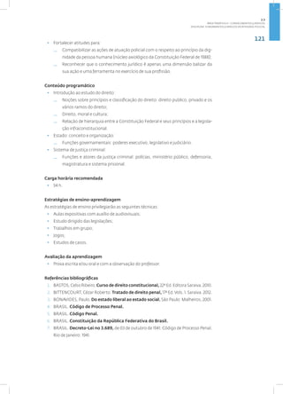 121
Disciplina: Fundamentos Jurídicos da Atividade Policial
• Fortalecer atitudes para:
— Compatibilizar as ações de atuação policial com o respeito ao princípio da dig-
nidade da pessoa humana (núcleo axiológico da Constituição Federal de 1988);
— Reconhecer que o conhecimento jurídico é apenas uma dimensão balizar da
sua ação e uma ferramenta no exercício de sua profissão.
Conteúdo programático
• Introdução ao estudo do direito:
— Noções sobre princípios e classificação do direito: direito publico, privado e os
vários ramos do direito;
— Direito, moral e cultura;
— Relação de hierarquia entre a Constituição Federal e seus princípios e a legisla-
ção infraconstitucional.
• Estado: conceito e organização:
— Funções governamentais: poderes executivo, legislativo e judiciário.
• Sistema de justiça criminal:
— Funções e atores da justiça criminal: polícias, ministério público, defensoria,
magistratura e sistema prisional.
Carga horária recomendada
• 54 h.
Estratégias de ensino-aprendizagem
As estratégias de ensino privilegiarão as seguintes técnicas:
• Aulas expositivas com auxílio de audiovisuais;
• Estudo dirigido das legislações;
• Trabalhos em grupo;
• Jogos;
• Estudos de casos.
Avaliação da aprendizagem
• Prova escrita e/ou oral e com a observação do professor.
Referências bibliográficas
1. BASTOS,CelsoRibeiro.Curso de direito constitucional,22ªEd.EditoraSaraiva,2010.
2. BITTENCOURT, Cézar Roberto. Tratado de direito penal, 17ª Ed.Vols. 1. Saraiva. 2012.
3. BONAVIDES, Paulo. Do estado liberal ao estado social. São Paulo: Malheiros, 2001.
4. BRASIL. Código de Processo Penal.
5. BRASIL. Código Penal.
6. BRASIL. Constituição da República Federativa do Brasil.
7. BRASIL. Decreto-Lei no 3.689, de 03 de outubro de 1941. Código de Processo Penal.
Rio de Janeiro: 1941.
2.3
ÁREA TEMÁTICA III - CONHECIMENTOS JURÍDICOS
 