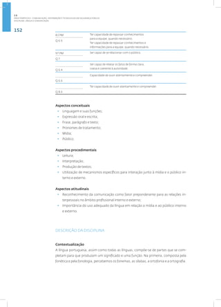 152
Disciplina: Língua e Comunicação
83 PM Ter capacidade de repassar conhecimentos
para a equipe, quando necessário.
Ter capacidade de repassar conhecimentos e
informações para a equipe, quando necessário.
Q 6.6
97 PM Ser capaz de se relacionar com o público.
Q 7
Ser capaz de relatar os fatos de forma clara,
coesa e coerente à autoridade.
Q 6.4
Capacidade de ouvir atentamente e compreender.
Q 6.6
Ter capacidade de ouvir atentamente e compreender.
Q 8.6
Aspectos conceituais
• Linguagem e suas funções;
• Expressão oral e escrita;
• Frase, parágrafo e texto;
• Pronomes de tratamento;
• Mídia;
• Público.
Aspectos procedimentais
• Leitura;
• Interpretação;
• Produção de textos;
• Utilização de mecanismos específicos para interação junto à mídia e o público in-
terno e externo.
Aspectos atitudinais
• Reconhecimento da comunicação como fator preponderante para as relações in-
terpessoais no âmbito profissional interno e externo;
• Importância do uso adequado da língua em relação a mídia e ao público interno
e externo.
DESCRIÇÃO DA DISCIPLINA
Contextualização
A língua portuguesa, assim como todas as línguas, compõe-se de partes que se com-
pletam para que produzam um significado e uma função. Na primeira, composta pela
fonética e pela fonologia, percebemos os fonemas, as sílabas, a ortofonia e a ortografia.
2.6
ÁREA TEMÁTICA VI - COMUNICAÇÃO, INFORMAÇÃO E TECNOLOGIAS EM SEGURANÇA PÚBLICA
 