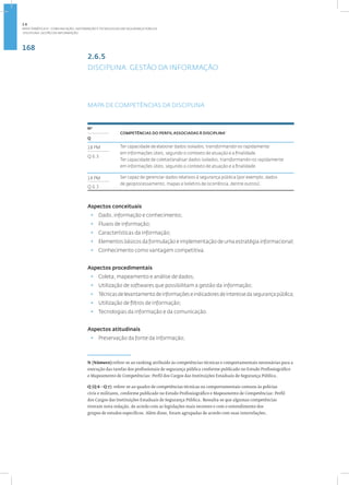 168
Disciplina: Gestão da Informação
2.6.5
DISCIPLINA: GESTÃO DA INFORMAÇÃO
MAPA DE COMPETÊNCIAS DA DISCIPLINA
5
Nº
COMPETÊNCIAS DO PERFIL ASSOCIADAS À DISCIPLINA•
Q
18 PM Ter capacidade de elaborar dados isolados, transformando-os rapidamente
em informações úteis, segundo o contexto de atuação e a finalidade.
Ter capacidade de coletar/analisar dados isolados, transformando-os rapidamente
em informações úteis, segundo o contexto de atuação e a finalidade.
Q 6.3
14 PM Ser capaz de gerenciar dados relativos à segurança pública (por exemplo, dados
de geoprocessamento, mapas e boletins de ocorrência, dentre outros).
Q 6.3
Aspectos conceituais
• Dado, informação e conhecimento;
• Fluxos de informação;
• Características da informação;
• Elementos básicos da formulação e implementação de uma estratégia informacional;
• Conhecimento como vantagem competitiva.
Aspectos procedimentais
• Coleta, mapeamento e análise de dados;
• Utilização de softwares que possibilitam a gestão da informação;
• Técnicas de levantamento de informações e indicadores de interesse da segurança pública;
• Utilização de filtros de informação;
• Tecnologias da informação e da comunicação.
Aspectos atitudinais
• Preservação da fonte da informação;
N (Número):refere-se ao ranking atribuído às competências técnicas e comportamentais necessárias para a
execução das tarefas dos profissionais de segurança pública conforme publicado no Estudo Profissiográfico
e Mapeamento de Competências: Perfil dos Cargos das Instituições Estaduais de Segurança Pública.
Q (Q 6 - Q 7): refere-se ao quadro de competências técnicas ou comportamentais comuns às polícias
civis e militares, conforme publicado no Estudo Profissiográfico e Mapeamento de Competências: Perfil
dos Cargos das Instituições Estaduais de Segurança Pública. Ressalta-se que algumas competências
tiveram nova redação, de acordo com as legislações mais recentes e com o entendimento dos
grupos de estudos específicos. Além disso, foram agrupadas de acordo com suas interrelações.
2.6
ÁREA TEMÁTICA VI - COMUNICAÇÃO, INFORMAÇÃO E TECNOLOGIAS EM SEGURANÇA PÚBLICA
 