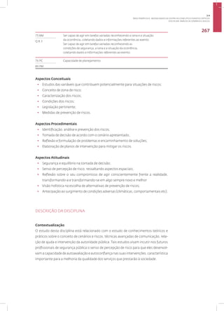 Disciplina: Análise de Cenários e Riscos
267
75 BM Ser capaz de agir em tarefas variadas reconhecendo a cena e a situação
da ocorrência, coletando dados e informações referentes ao evento.
Ser capaz de agir em tarefas variadas reconhecendo as
condições de segurança, a cena e a situação da ocorrência,
coletando dados e informações referentes ao evento.
Q 8.3
76 PC Capacidade de planejamento.
89 PM
Aspectos Conceituais
• Estudos das variáveis que contribuem potencialmente para situações de riscos;
• Conceito de zona de risco;
• Caracterização dos riscos;
• Condições dos riscos;
• Legislação pertinente;
• Medidas de prevenção de riscos.
Aspectos Procedimentais
• Identificação, análise e prevenção dos riscos;
• Tomada de decisão de acordo com o cenário apresentado;
• Reflexão e formulação de problemas e encaminhamento de soluções;
• Elaboração de planos de intervenção para mitigar os riscos.
Aspectos Atitudinais
• Segurança e equilíbrio na tomada de decisão;
• Senso de percepção de risco, ressaltando aspectos espaciais;
• Reflexão sobre o seu compromisso de agir conscientemente frente a realidade,
transformando-a e transformando-se em algo sempre novo e melhor
• Visão holística na escolha de alternativas de prevenção de riscos;
• Antecipação ao surgimento de condições adversas (climáticas, comportamentais etc).
DESCRIÇÃO DA DISCIPLINA
Contextualização
O estudo desta disciplina está relacionado com o estudo de conhecimentos teóricos e
práticos sobre o conceito de cenários e riscos, técnicas avançadas de comunicação, rela-
ção de ajuda e intervenção da autoridade pública. Tais estudos visam incutir nos futuros
profissionais de segurança pública o senso de percepção de risco para que eles desenvol-
vam a capacidade de autoavaliação e autoconfiança nas suas intervenções, característica
importante para a melhoria da qualidade dos serviços que prestarão à sociedade.
3.4
ÁREA TEMÁTICA IV - MODALIDADES DE GESTÃO DE CONFLITOS E EVENTOS CRÍTICOS
 
