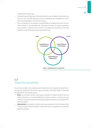 PRINCÍPIOS DA MATRIZ
37
É importante ressaltar que:
• As divisões apresentadas são meramente didáticas, pois o objetivo é que o processo
de ensino crie condições para que ocorra a mobilização das competências no pro-
cesso de aprendizagem, como ilustra a Figura 1;
• Essas competências não esgotam a possibilidade de ampliação de outras que ve-
nham atender as peculiaridade das instituições de ensino de segurança pública
e que auxiliem no desenho dos currículos e na seleção de disciplinas que venham
atender as especificidades de cada cargo profissional.
1.3
PRINCÍPIOS DA MATRIZ
Os princípios da Matriz são preceitos que fundamentam a concepção das ações forma-
tivas para os profissionais da área de segurança pública. Para efeito didático, eles estão
classificados em três grandes grupos:
• Ético: os princípios contidos neste grupo enfatizam a relação existente entre as
ações formativas e a transversalidade dos direitos humanos, contribuindo para
orientar as ações dos profissionais da área de segurança pública num Estado Demo-
crático de Direito.
• Educacional: os princípios contidos neste grupo apresentam as linhas gerais sobre
as quais estarão fundamentadas as ações formativas dos profissionais da área de
segurança pública.
Figura 1: Mobilização das competências
competências
cognitivas
competências
atitudinais
competências
operativas
legal ética
1.3
 