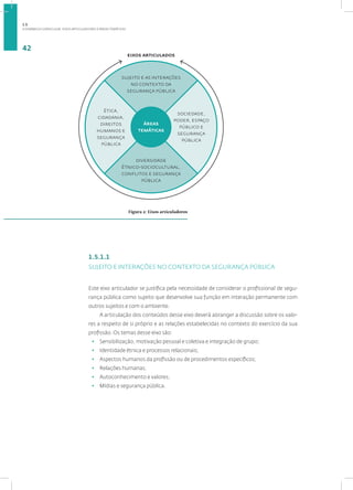 A DINÂMICA CURRICULAR: EIXOS ARTICULADORES E ÁREAS TEMÁTICAS
42
1.5.1.1
SUJEITO E INTERAÇÕES NO CONTEXTO DA SEGURANÇA PÚBLICA
Este eixo articulador se justifica pela necessidade de considerar o profissional de segu-
rança pública como sujeito que desenvolve sua função em interação permanente com
outros sujeitos e com o ambiente.
A articulação dos conteúdos desse eixo deverá abranger a discussão sobre os valo-
res a respeito de si próprio e as relações estabelecidas no contexto do exercício da sua
profissão. Os temas desse eixo são:
• Sensibilização, motivação pessoal e coletiva e integração de grupo;
• Identidade étnica e processos relacionais;
• Aspectos humanos da profissão ou de procedimentos específicos;
• Relações humanas;
• Autoconhecimento e valores;
• Mídias e segurança pública.
eixos articulados
áreas
temáticas
sujeito e as interações
no contexto da
segurança pública
sociedade,
poder, espaço
público e
segurança
pública
diversidade
étnico-sociocultural,
conflitos e segurança
pública
ética,
cidadania,
direitos
humanos e
segurança
pública
Figura 2: Eixos articuladores
1.5
 