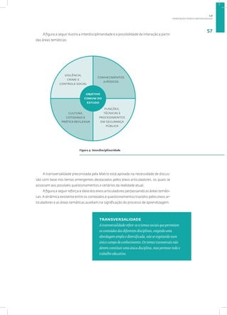 ORIENTAÇÕES TEÓRICO-METODOLÓGICAS
57
A figura a seguir ilustra a interdisciplinaridade e a possibilidade de interação a partir
das áreas temáticas.
A transversalidade preconizada pela Matriz está apoiada na necessidade de discus-
são com base nos temas emergentes destacados pelos eixos articuladores, os quais se
associam aos possíveis questionamentos e cenários da realidade atual.
A figura a seguir reforça a ideia dos eixos articuladores perpassando as áreas temáti-
cas.A dinâmica existente entre os conteúdos e questionamentos trazidos pelos eixos ar-
ticuladores e as áreas temáticas auxiliam na significação do processo de aprendizagem.
objetivo
comum do
estudo
violência,
crime e
controle social
conhecimentos
jurídicos
funções,
técnicas e
procedimentos
em segurança
pública
cultura,
cotidiano e
prática reflexiva
Figura 5: Interdisciplinaridade
transversalidade
A transversalidade refere-se a temas sociais que permeiam
os conteúdos das diferentes disciplinas, exigindo uma
abordagem ampla e diversificada, não se esgotando num
único campo de conhecimento. Os temas transversais não
devem constituir uma única disciplina, mas permear todo o
trabalho educativo.
1.6
 