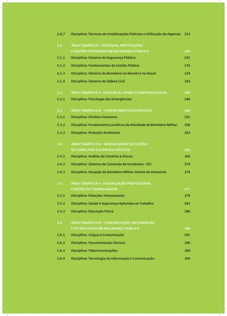 2.8.7 Disciplina: Técnicas de Imobilizações Policiais e Utilização de Algemas 223
3.1 ÁREA TEMÁTICA I - SISTEMAS, INSTITUIÇÕES
E GESTÃO INTEGRADA EM SEGURANÇA PÚBLICA 230
3.1.1 Disciplina: Sistema de Segurança Pública 231
3.1.2 Disciplina: Fundamentos da Gestão Pública 235
3.1.3 Disciplina: História do Bombeiro no Mundo e no Brasil 239
3.1.4 Disciplina: Sistema de Defesa Civil 242
3.2 ÁREA TEMÁTICA II - VIOLÊNCIA, CRIME E CONTROLE SOCIAL 245
3.2.1 Disciplina: Psicologia das Emergências 246
3.3 ÁREA TEMÁTICA III - CONHECIMENTOS JURÍDICOS 250
3.3.1 Disciplina: Direitos Humanos 251
3.3.2 Disciplina: Fundamentos Jurídicos da Atividade de Bombeiro Militar 258
3.3.3 Disciplina: Proteção Ambiental 262
3.4 ÁREA TEMÁTICA IV - MODALIDADES DE GESTÃO
DE CONFLITOS E EVENTOS CRÍTICOS 265
3.4.1 Disciplina: Análise de Cenários e Riscos 266
3.4.2 Disciplina: Sistema de Comando de Incidentes - SCI 270
3.4.3 Disciplina: Atuação do Bombeiro Militar Diante de Desastres 274
3.5 ÁREA TEMÁTICA V - VALORIZAÇÃO PROFISSIONAL
E SAÚDE DO TRABALHADOR 277
3.5.1 Disciplina: Relações Interpessoais 278
3.5.2 Disciplina: Saúde e Segurança Aplicadas ao Trabalho 282
3.5.3 Disciplina: Educação Física 286
3.6 ÁREA TEMÁTICA VI - COMUNICAÇÃO, INFORMAÇÃO
E TECNOLOGIAS EM SEGURANÇA PÚBLICA 290
3.6.1 Disciplina: Língua e Comunicação 291
3.6.2 Disciplina: Documentação Técnica 296
3.6.3 Disciplina: Telecomunicações 300
3.6.4 Disciplina: Tecnologia da Informação e Comunicação 304
 