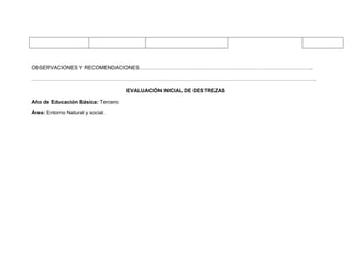 OBSERVACIONES Y RECOMENDACIONES……………………………………………………………………………………..

…………………………………………………………………………………………………………………………………………….

                                   EVALUACIÓN INICIAL DE DESTREZAS

Año de Educación Básica: Tercero
Área: Entorno Natural y social.
 