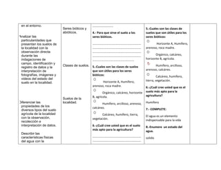 en el entorno.                                 ………………………
                            Seres bióticos y                                            5.-Cuales son las clases de
                            abióticos.          4.- Para que sirve el suelo a los       suelos que son útiles para los
Analizar las                                    seres bióticos.                         seres bióticos:
 particularidades que
 presentan los suelos de                        ………………………………………………………                          Horizonte A, Humífero,
 la localidad con la                            ………………………………………………………                   arenoso, roca madre.
 observación directa                            ………………………………………………………
 durante las                                    ………………………………………………………                          Orgánico, calcáreo,
 indagaciones de                                ………………………………………………                      horizonte B, agrícola.
 campo, identificación y
                            Clases de suelos. 5.-Cuales son las clases de suelos              Humífero, arcilloso,
 registro de datos y la
 interpretación de                            que son útiles para los seres             arenoso, calcáreo.
 fotografías, imágenes y                      bióticos:                                          Calcáreo, humífero,
 videos del estado del
                                                       Horizonte A, Humífero,           tierra, vegetación.
 suelo en la localidad.
                                                arenoso, roca madre.                    6.-¿Cuál cree usted que es el
                                                        Orgánico, calcáreo, horizonte   suelo más apto para la
                                                B, agrícola.                            agricultura?
                            Suelos de la
Diferenciar las             localidad.                 Humífero, arcilloso, arenoso,    Humifero
 propiedades de los                             calcáreo.
 diversos tipos del suelo                                                               7.- COMPLETE:
 agrícola de la localidad                              Calcáreo, humífero, tierra,
 con la observación,                                                                    El agua es un elemento
                                                vegetación.                             indispensable para la vida
 recolección e
 interpretación de datos.                       6.-¿Cuál cree usted que es el suelo     8.-Enumere un estado del
                                                más apto para la agricultura?           agua.
 Describir las
 características físicas                        ………………………………………………………                   solido
 del agua con la                                ………………………………………………………
 