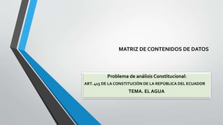 MATRIZ DE CONTENIDOS DE DATOS
Problema de análisis Constitucional:
ART. 415 DE LA CONSTITUCIÓN DE LA REPÚBLICA DEL ECUADOR
TEMA. EL AGUA
 