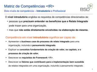 5
Dois níveis de competência – Introdutório e Profissional
Matriz de Competências <IR>
O nível introdutório engloba os requisitos de competências direcionados às:
• pessoas que precisam entender os benefícios que o Relato Integrado
pode trazer para uma organização,
• mas que não estão diretamente envolvidas na elaboração do mesmo.
Competência em nível introdutório significa ser capaz de:
 Apresentar o business case do processo de relato integrado para uma
organização, incluindo o pensamento integrado.
 Explicar os conceitos fundamentais da criação de valor, os capitais, e o
processo de criação de valor.
 Descrever os requisitos do Framework <IR>.
 Descrever os fatores que contribuem para a implementação bem sucedida
de relatos integrados em uma organização, incluindo o pensamento integrado.
 