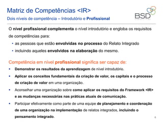 6
Matriz de Competências <IR>
O nível profissional complementa o nível introdutório e engloba os requisitos
de competências para:
• as pessoas que estão envolvidas no processo do Relato Integrado
• incluindo aqueles envolvidos na elaboração do mesmo.
Dois níveis de competência – Introdutório e Profissional
Competência em nível profissional significa ser capaz de:
 Demonstrar os resultados da aprendizagem de nível introdutório.
 Aplicar os conceitos fundamentais da criação de valor, os capitais e o processo
de criação de valor em uma organização.
 Aconselhar uma organização sobre como aplicar os requisitos do Framework <IR>
e as mudanças necessárias nas práticas atuais de comunicação.
 Participar efetivamente como parte de uma equipe de planejamento e coordenação
de uma organização na implementação de relatos integrados, incluindo o
pensamento integrado.
 